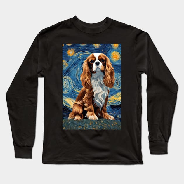 Cute Cavalier King Charles Spaniel Dog Breed Painting in a Van Gogh Starry Night Art Long Sleeve T-Shirt by Art-Jiyuu